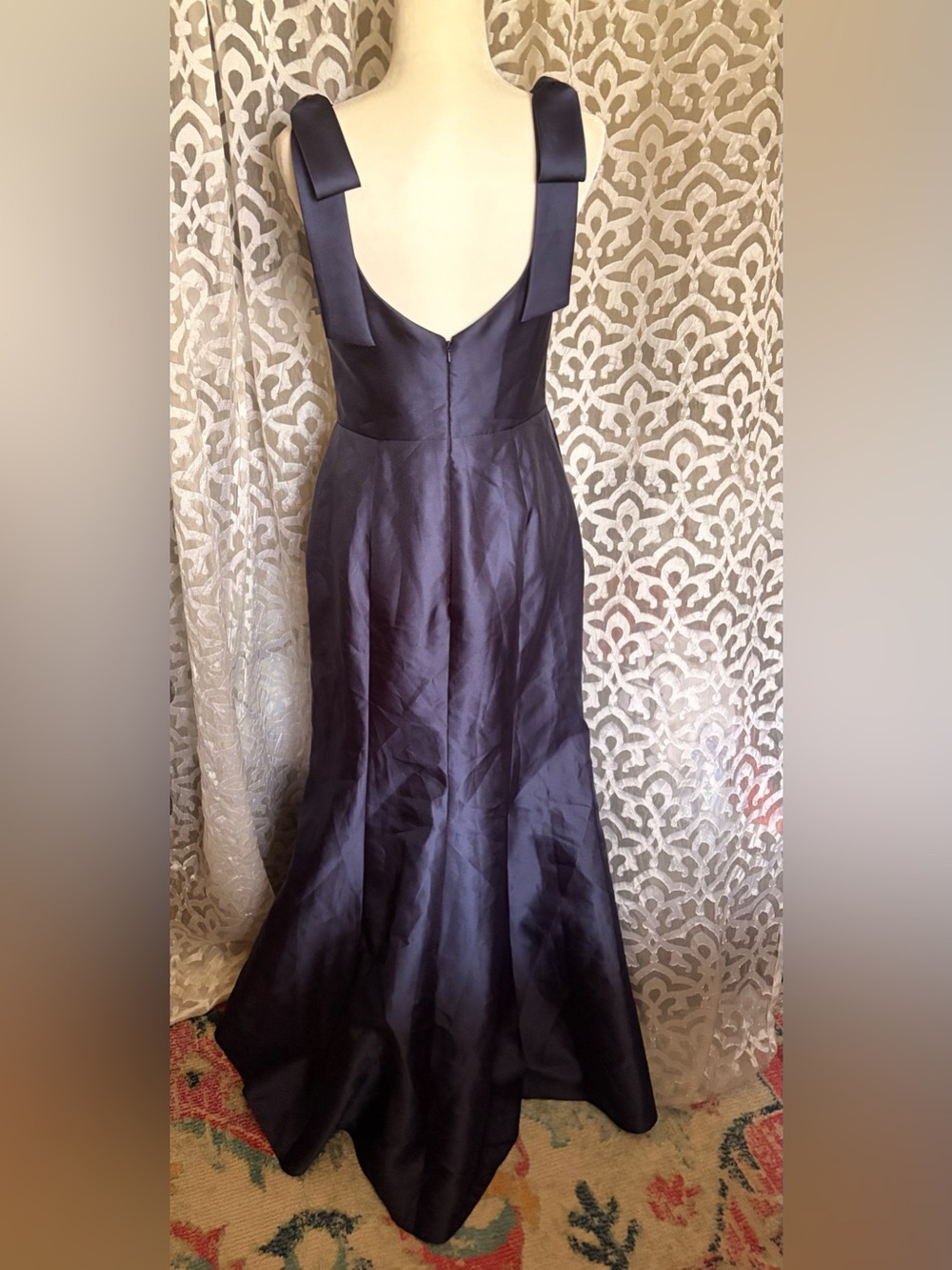 ALFRED SUNG Winslet Navy Satin Square Neck Trumpet Maxi Gown w/ Bow Shoulders 8 - Picture 6 of 8